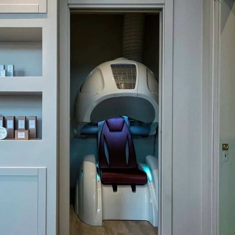 White and black robotic device with blue and purple arm components stored in a narrow closet next to wall shelving